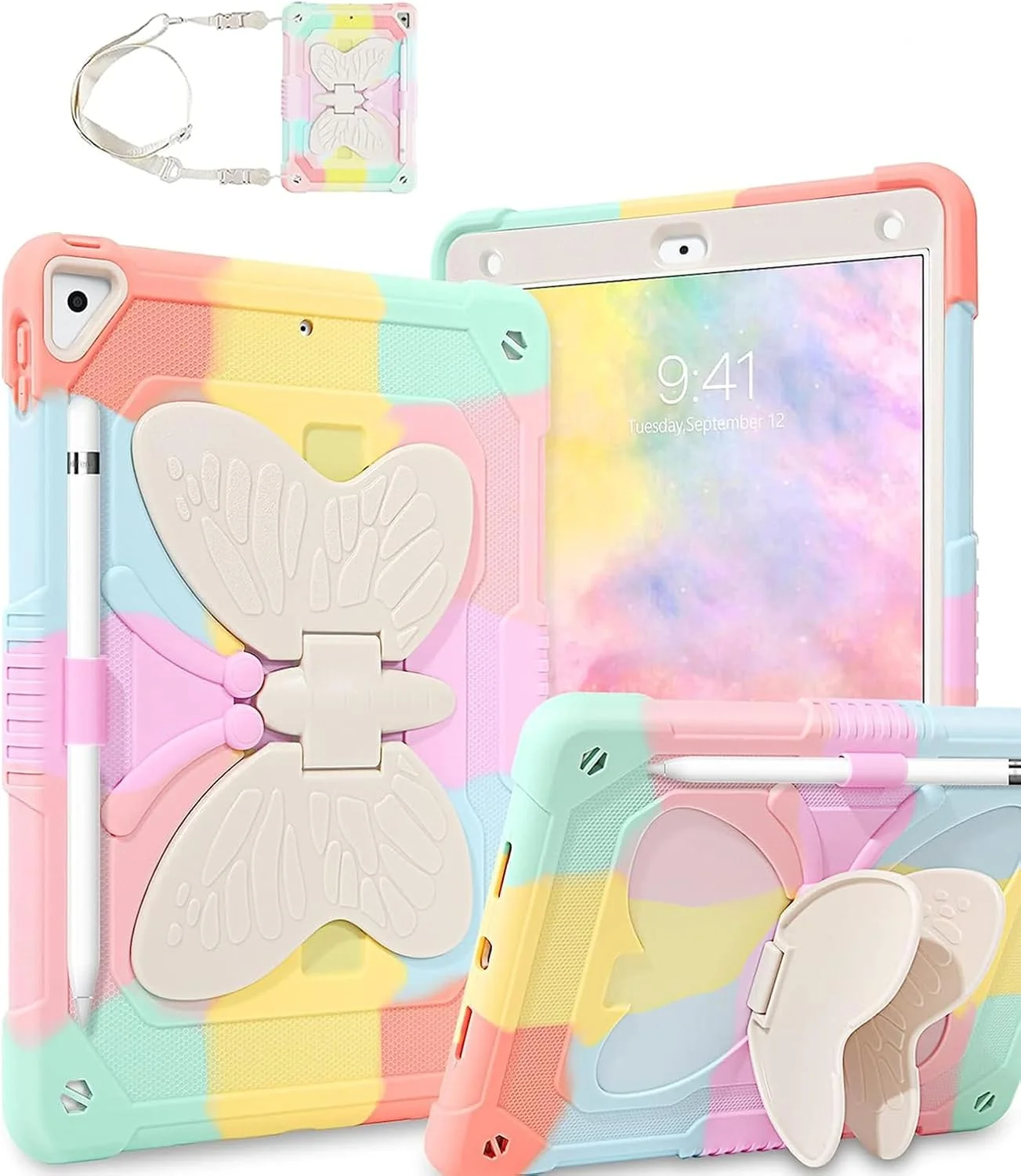 کاور آیپد ایر 2 و آیپد 9.7 2017/2018 و آیپد پرو 9.7، کاور آیپد نسل 5/6، کاور تبلت محافظتی ضد ضربه تمام بدنه 2 در 1 مقاوم برای دختران و زنان با پایه نگهدارنده قلم، رنگین کمانی/صورتی