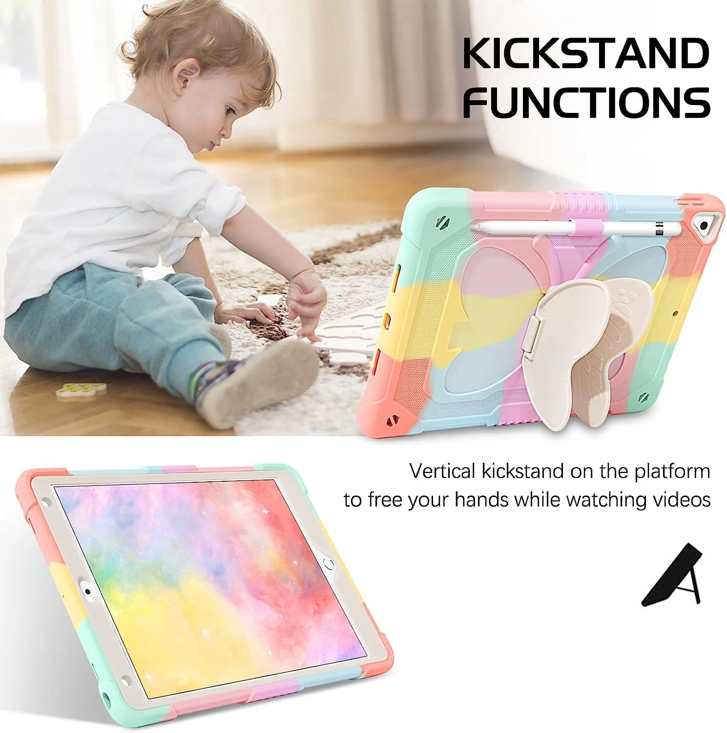 کاور آیپد ایر 2 و آیپد 9.7 2017/2018 و آیپد پرو 9.7، کاور آیپد نسل 5/6، کاور تبلت محافظتی ضد ضربه تمام بدنه 2 در 1 مقاوم برای دختران و زنان با پایه نگهدارنده قلم، رنگین کمانی/صورتی