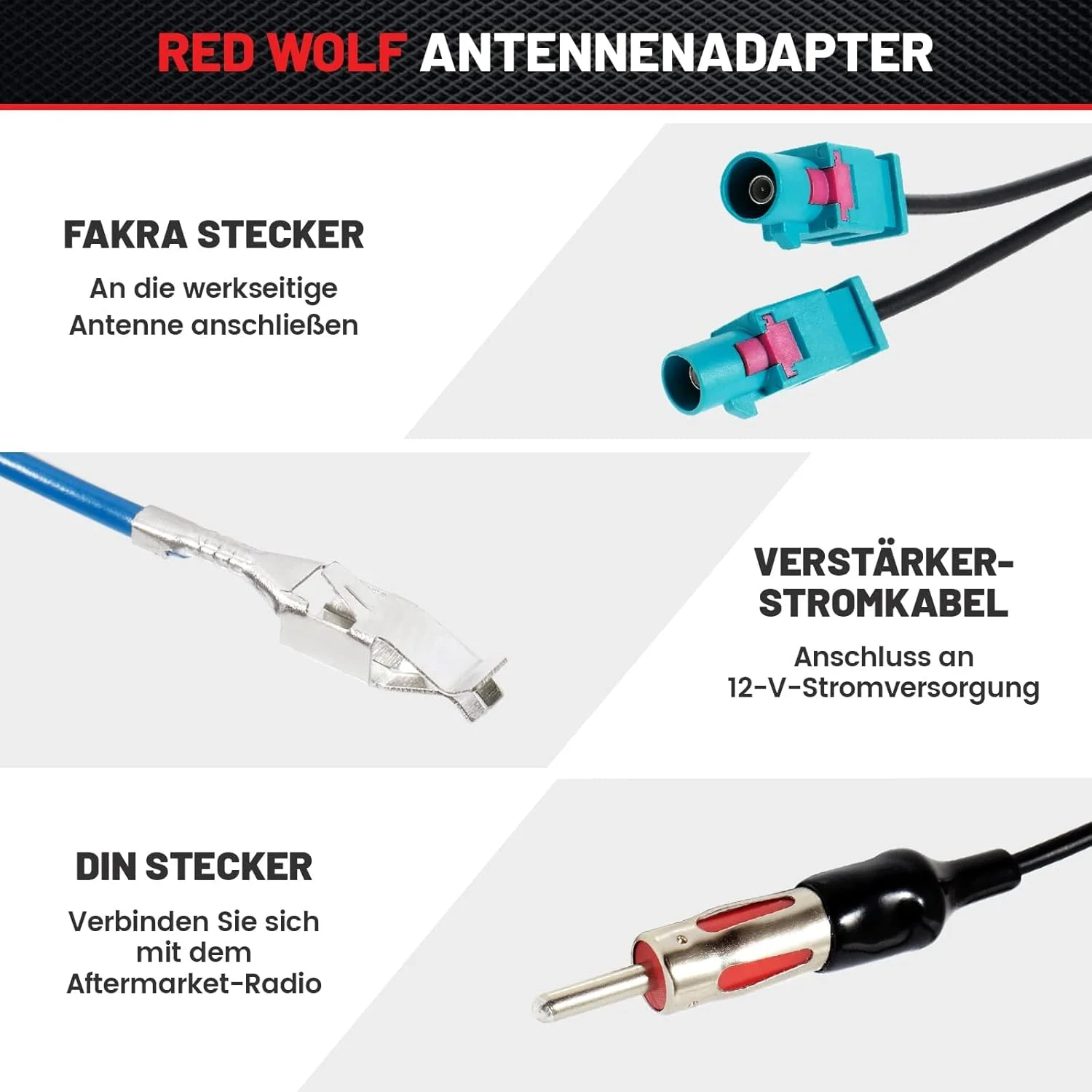 آداپتور آنتن دوبل فکرا RED WOLF، اسپلیتر دوبل فکرا به پلاگ DIN برای رادیو FM AM خودرو به همراه کابل آداپتور آنتن با تقویت کننده