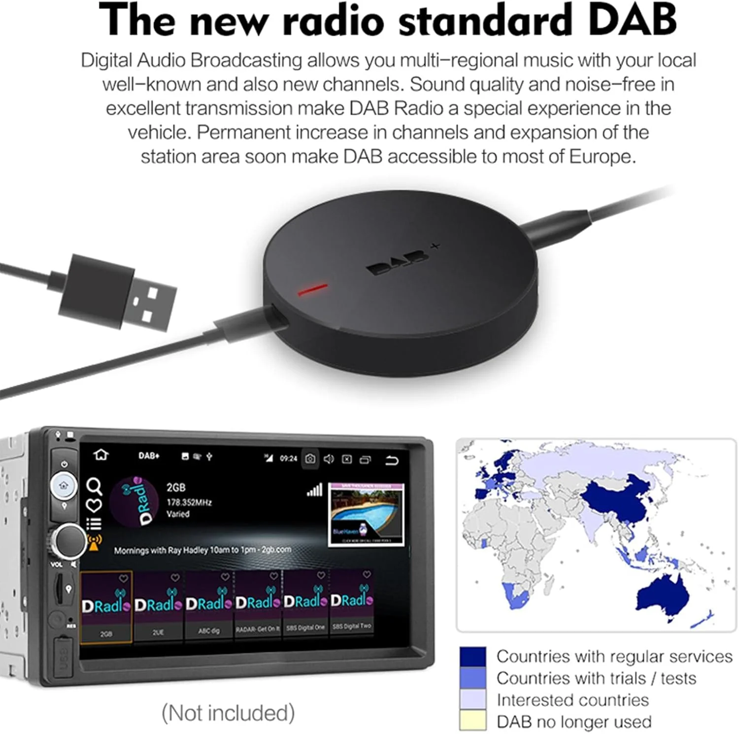 گیرنده رادیویی + | آنتن پخش صوتی دیجیتال با تغذیه 5 ولت USB | اتصال و پخش، سازگار با اندروید 5.1 و بالاتر