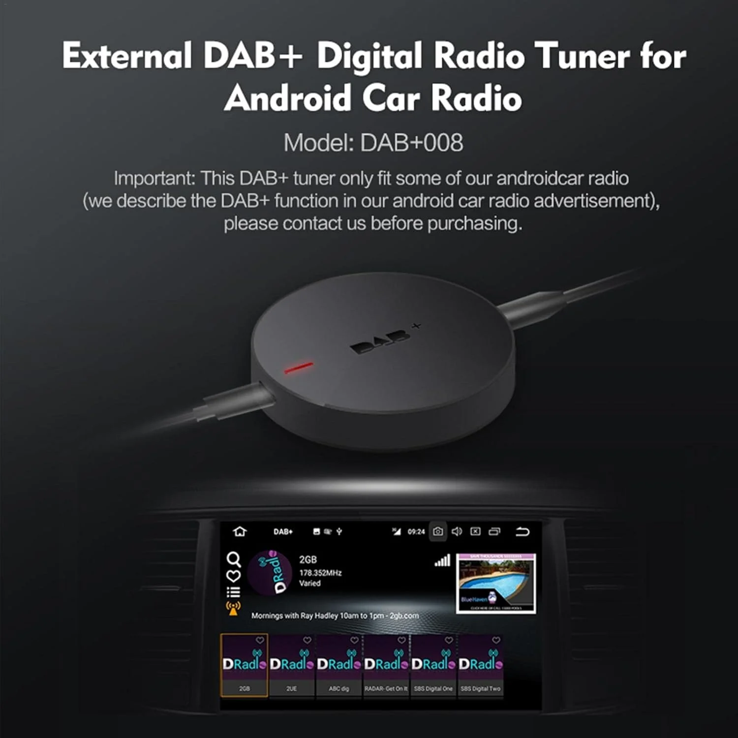 گیرنده رادیویی + | آنتن پخش صوتی دیجیتال با تغذیه 5 ولت USB | اتصال و پخش، سازگار با اندروید 5.1 و بالاتر