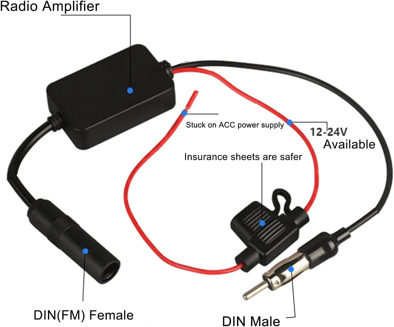 تقویت کننده آنتن رادیو خودرو NewTH، 12 ولت، AM FM، استریو، جهانی، 25dB، آداپتور دوشاخه DIN، هسته فریت، تقویت کننده سیگنال آنتن، سازگار با سونی، پایونیر، JVC، کنوود، آلپاین