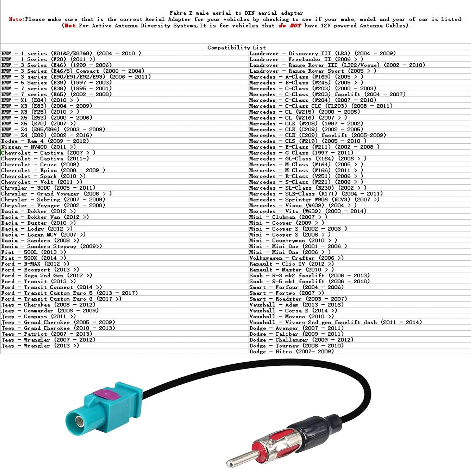 آنتن خودرو یونیورسال رادیو استریو AM و FM کابل اتصال آنتن فاکرا Z نر مادگی به کابل اتصال پلاگ DIN برای استریو خودرو، رادیو HD، پخش کننده رسانه CD