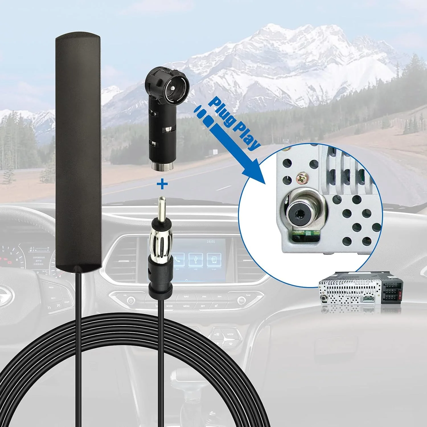 آنتن رادیو خودرو FM Eightwood با آداپتور DIN، آنتن پچ با کابل 3 متری، آنتن چسبی شیشه جلو + آداپتور DIN 41585 مادگی به ISO برای رادیو FM خودروها و کامیون ها