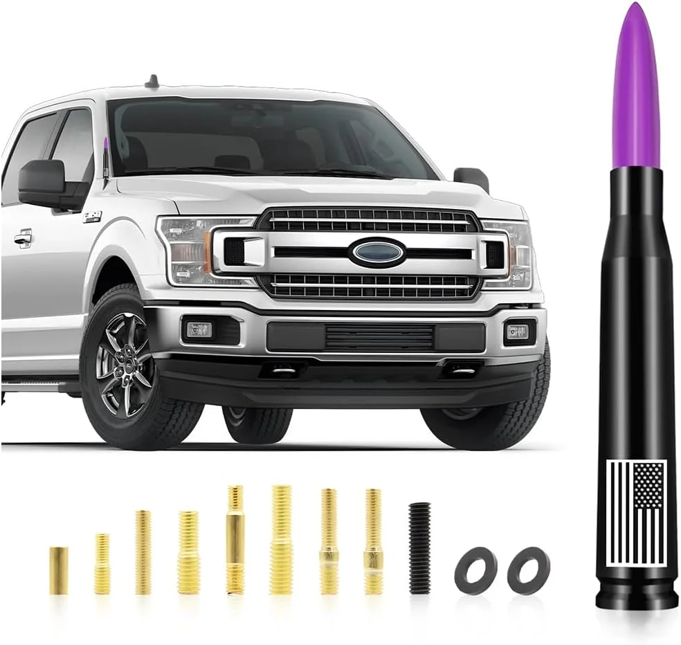 آنتن خودرو، آنتن خودرو آلومینیومی طرح پرچم آمریکا، آنتن رادیویی AM/FM با طول 5.5 اینچ به همراه 9 عدد آداپتور پیچ و 2 عدد حلقه لاستیکی، لوازم جانبی جایگزین خودرو برای کامیون SUV (بنفش)