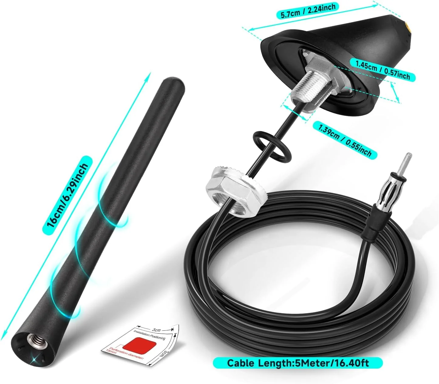 آنتن رادیو FM خودرو بینگفو، آنتن FM/AM یونیورسال 22 سانتی متری با پایه نصب سقفی، کابل 5 متری، کانکتور DIN برای خودرو، کامیون، گیرنده استریو SUV