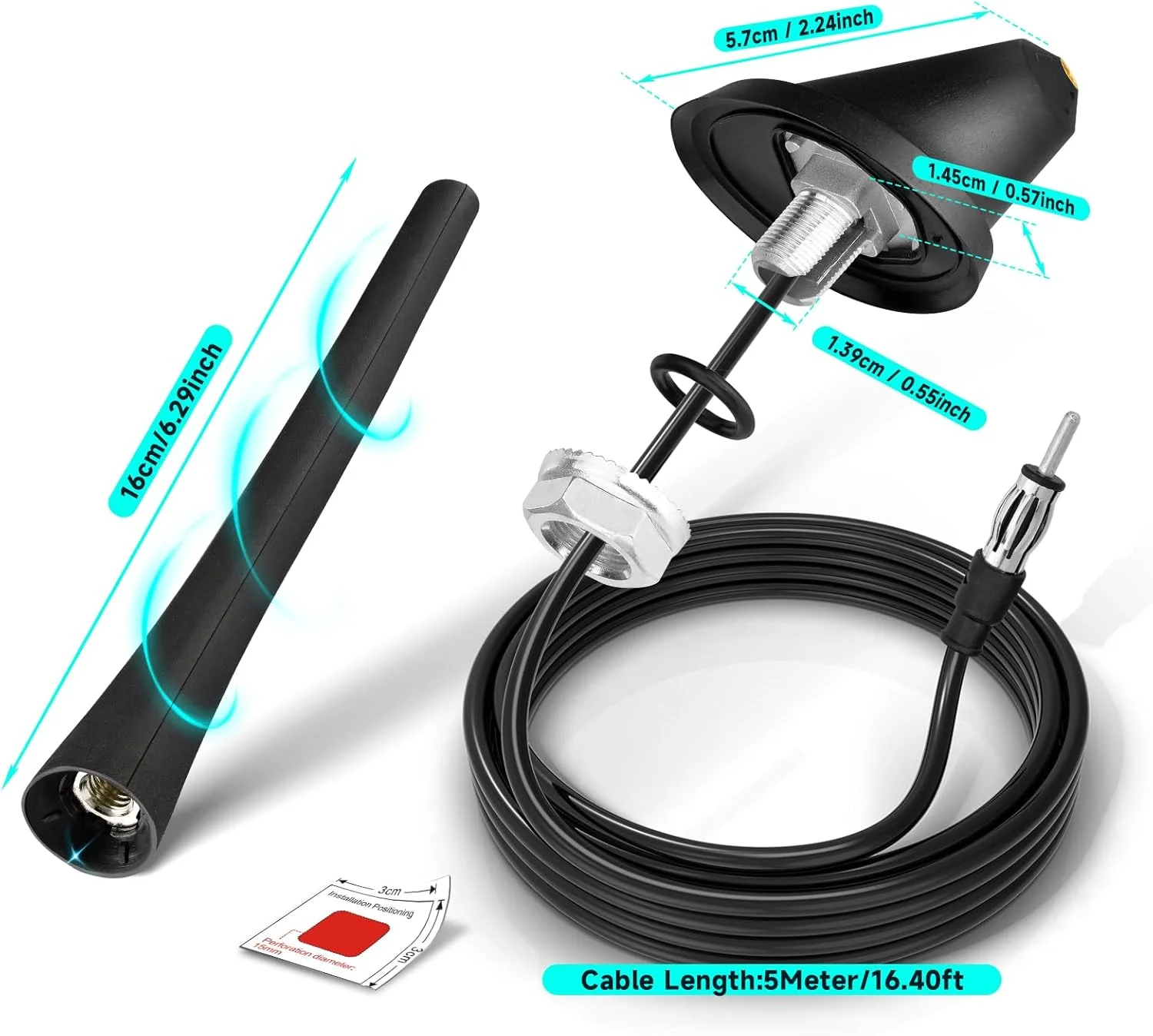 آنتن رادیو استریو خودرو Bingfu، آنتن FM/AM یونیورسال با نصب روی سقف، به همراه پایه نصب، کابل 5 متری و کانکتور DIN برای خودرو، کامیون، گیرنده استریو SUV