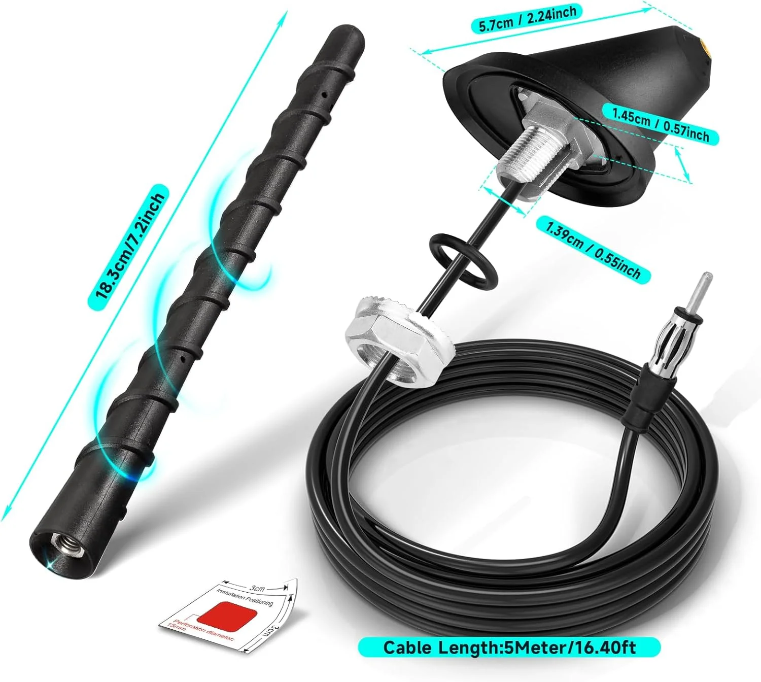 آنتن رادیو خودرو Bingfu، آنتن FM/AM یونیورسال 24 سانتی‌متری با پایه نصب، کابل 5 متری، کانکتور DIN برای خودرو، کامیون، گیرنده استریو SUV