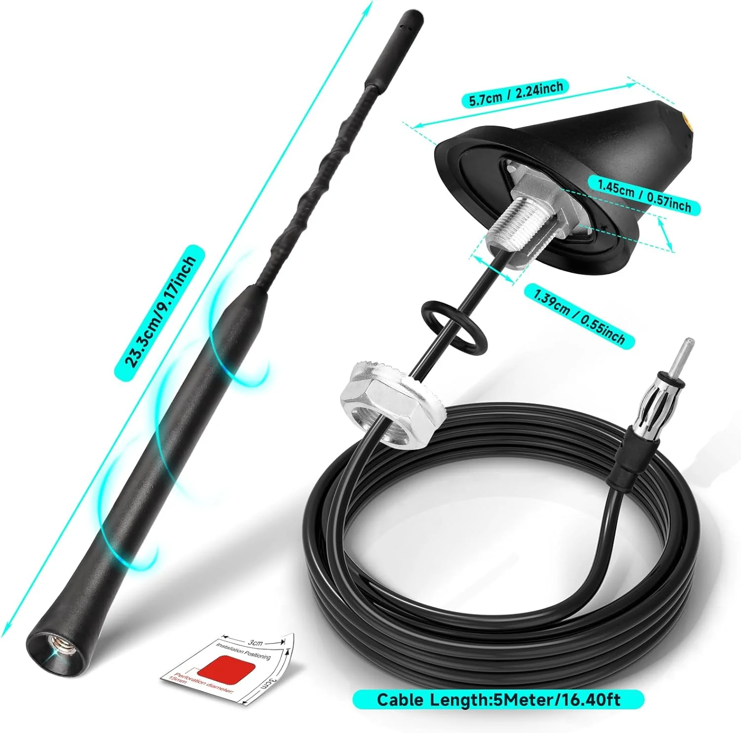 آنتن رادیو استریو خودرو Bingfu، آنتن FM سقفی جهانی 29 سانتی متری با پایه نصب، کابل 5 متری، کانکتور DIN برای خودرو، کامیون، گیرنده استریو SUV