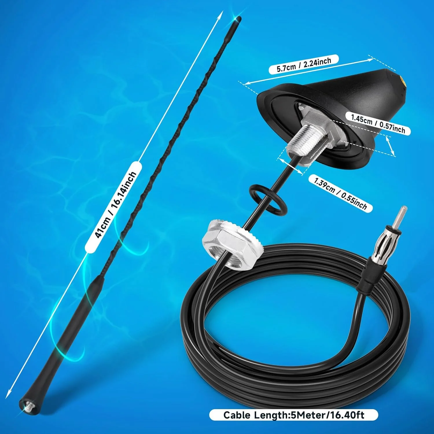 آنتن خودرو Bingfu، آنتن رادیویی FM/AM با پایه نصب سقفی خودرو، کابل 5 متری، پلاگین DIN برای خودرو، کامیون، گیرنده هدست استریو SUV