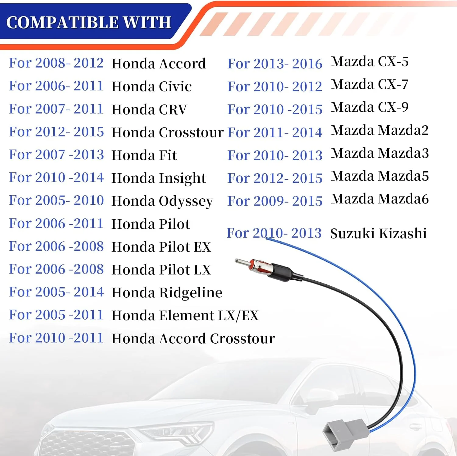 اتصال دهنده آداپتور آنتن رادیو خودرو سازگار با هوندا پایلوت CRV آکورد المنت اودیسه 2011-2016، مناسب برای مزدا 2/5/6 2009-2013، پلاگین سیم کشی گیرنده های رادیویی
