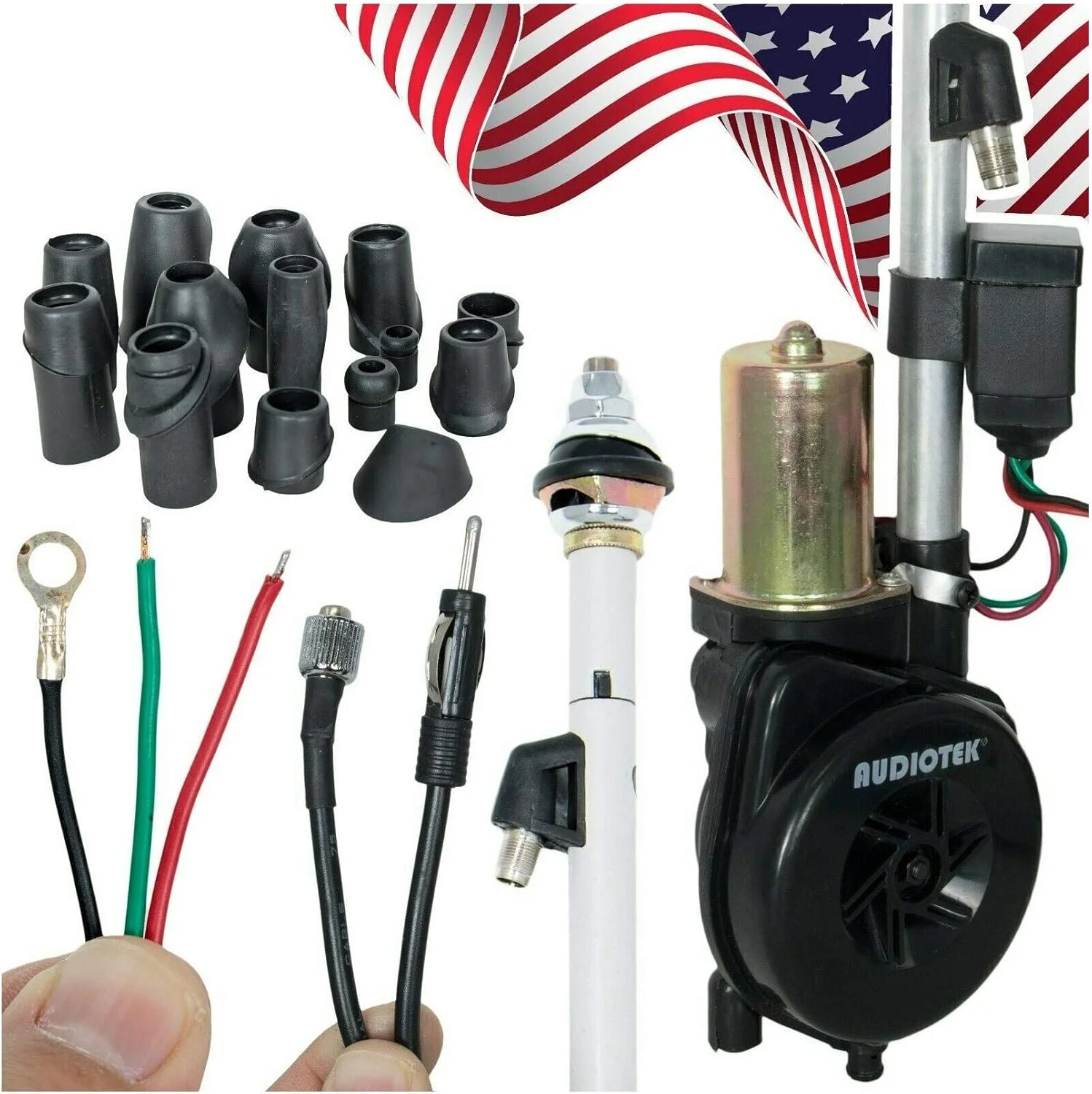 آنتن برقی اتوماتیک یونیورسال ضد آب Audiotek برای خودرو، شاسی بلند، رادیو AM FM، میله هوایی 12 ولت ساخته شده با فولاد ضد زنگ، رله های میکرو وارداتی داخلی، کابل کواکسیال 3C-2V