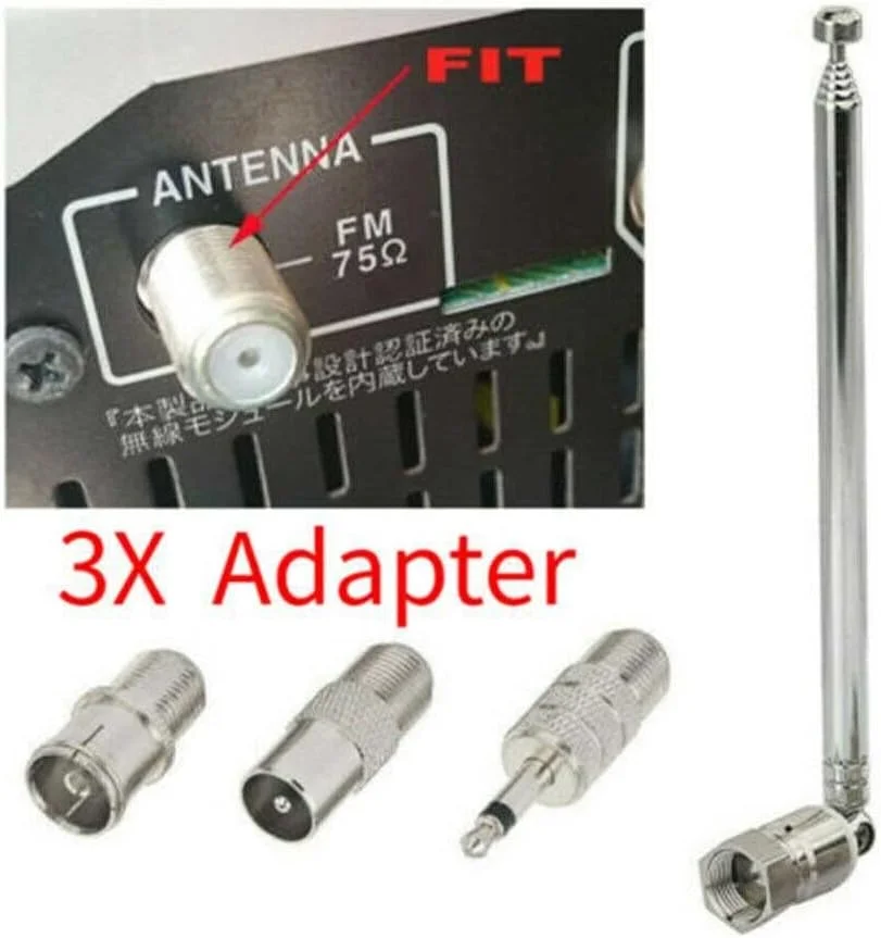 آنتن رادیویی DAB FM 75 اهم، آنتن تلسکوپی داخلی با کانکتور نر F Type به همراه 3 آداپتور برای سیستم مینی گیرنده HiFi AV (نقره ای)