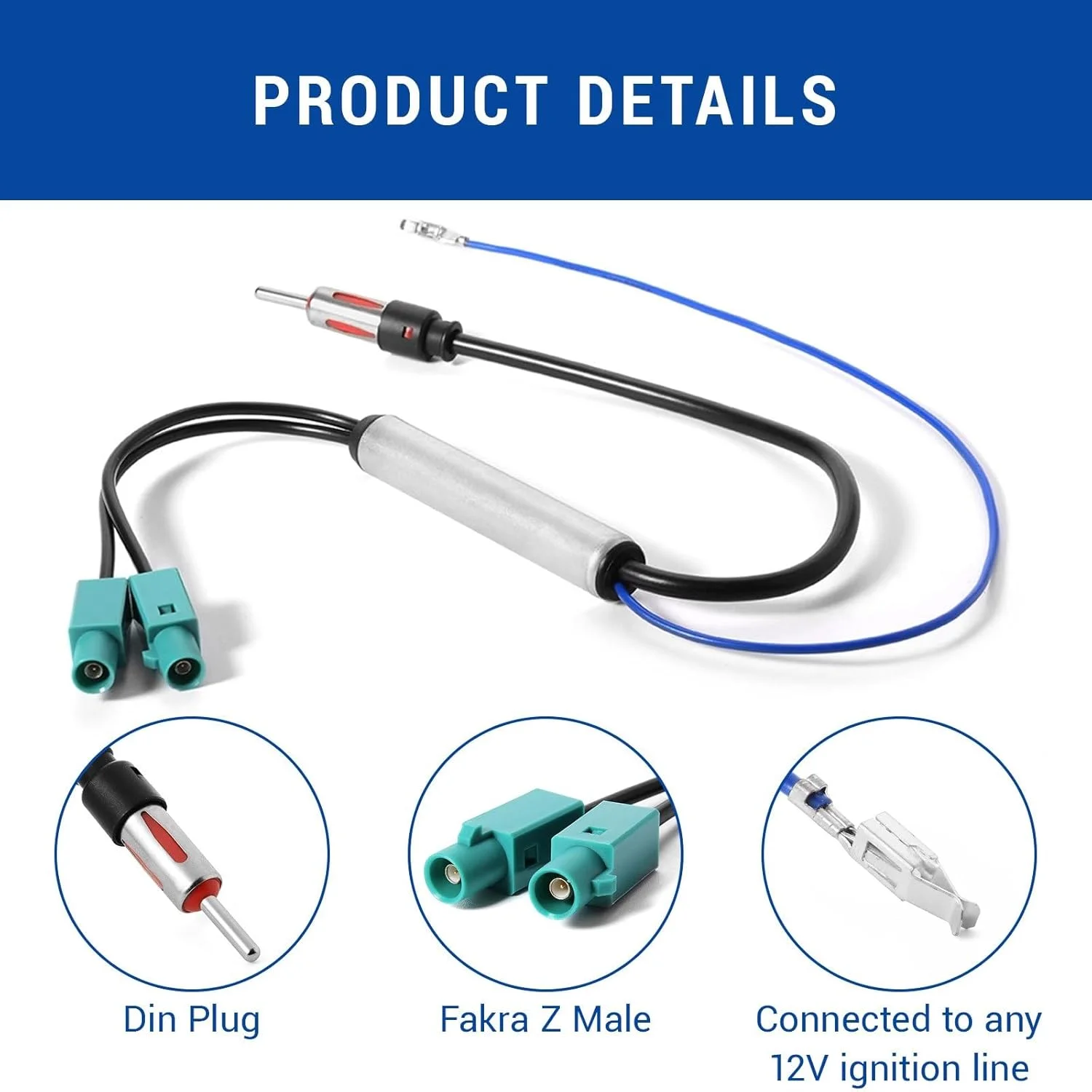 آداپتور آنتن رادیو خودرو، اسپلیتر فاکرا، دوشاخه DIN به آداپتور اسپلیتر دوتایی فاکرا، با منبع تغذیه فانتوم سازگار با گیرنده رادیو خودرو/واحد اصلی GPS