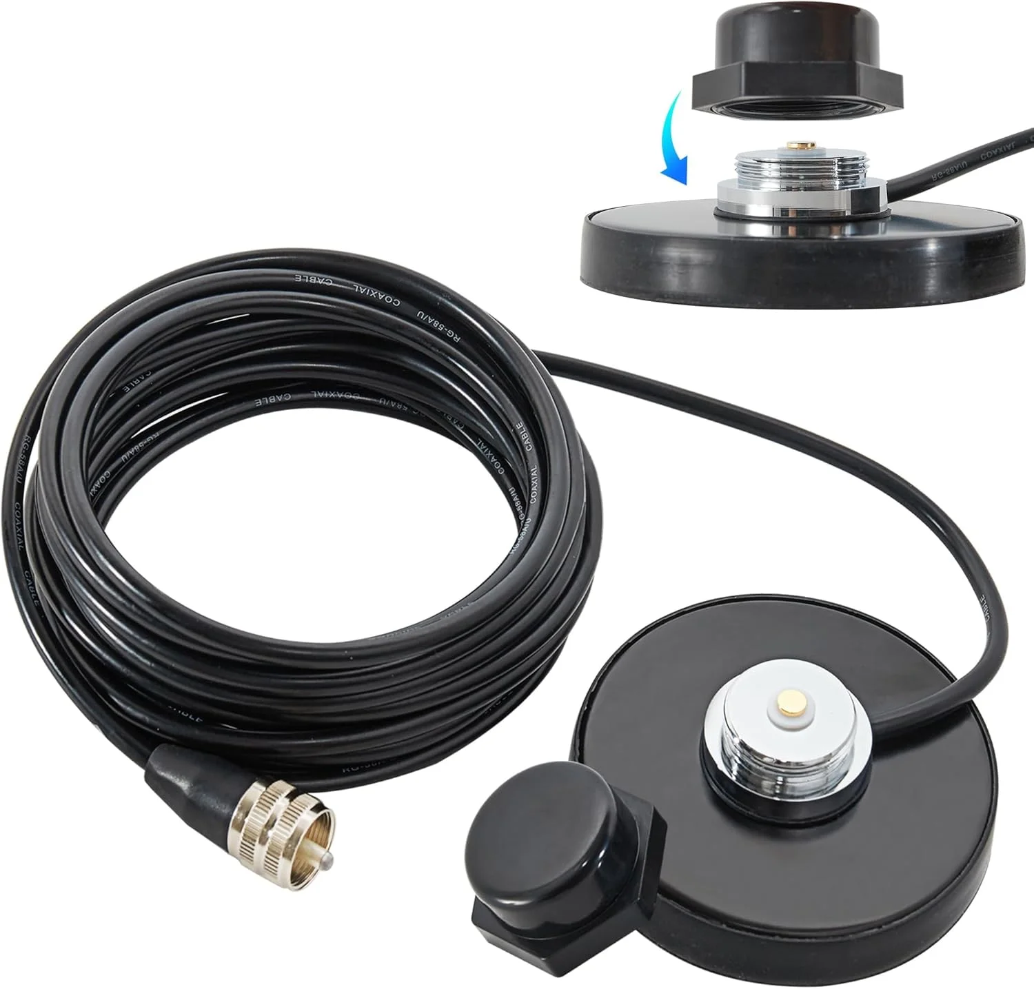 پایه مغناطیسی آنتن NMO آنینا با کابل کواکسیال RG58 به طول 5 متر و کانکتور PL-259 به همراه درپوش پایه آنتن NMO برای رادیو CB، رادیو آماتور، کامیون، دریایی و رادیو VHF