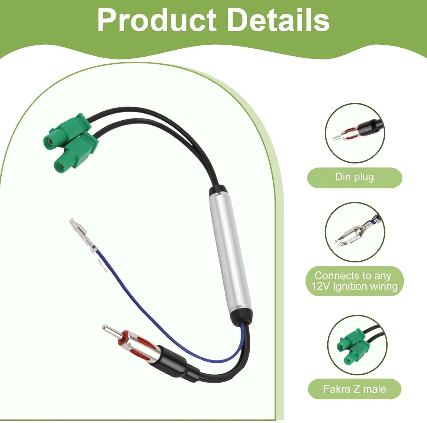 آداپتور آنتن رادیو خودرو، کابل آنتن رادیو خودرو، دوشاخه نر فاکرا دوبل به DIN با تغذیه فانتوم، تقویت کننده، فولکس واگن برای آئودی، برای بی ام و، 30 سانتی متر، سازگاری قوی