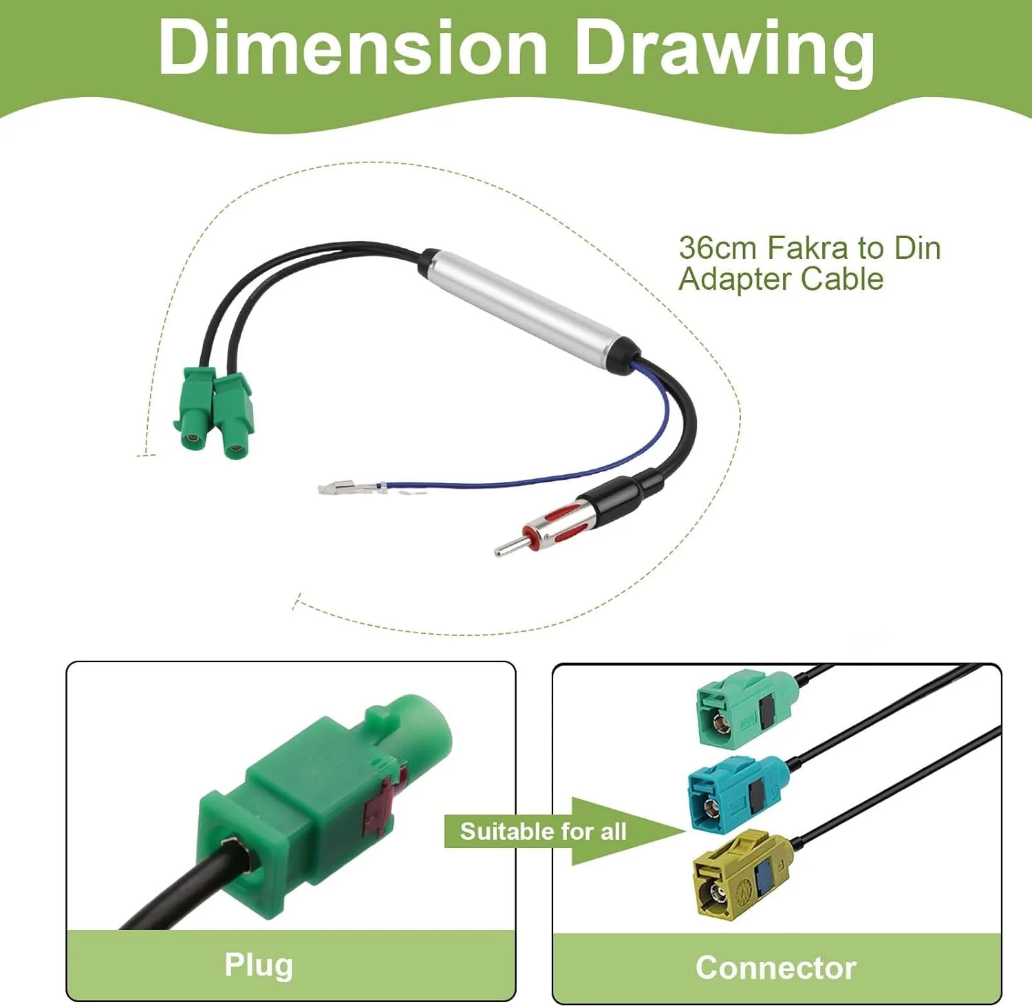 آداپتور آنتن رادیو خودرو، کابل آنتن رادیو خودرو، دوشاخه نر فاکرا دوبل به DIN با تغذیه فانتوم، تقویت کننده، فولکس واگن برای آئودی، برای بی ام و، 30 سانتی متر، سازگاری قوی