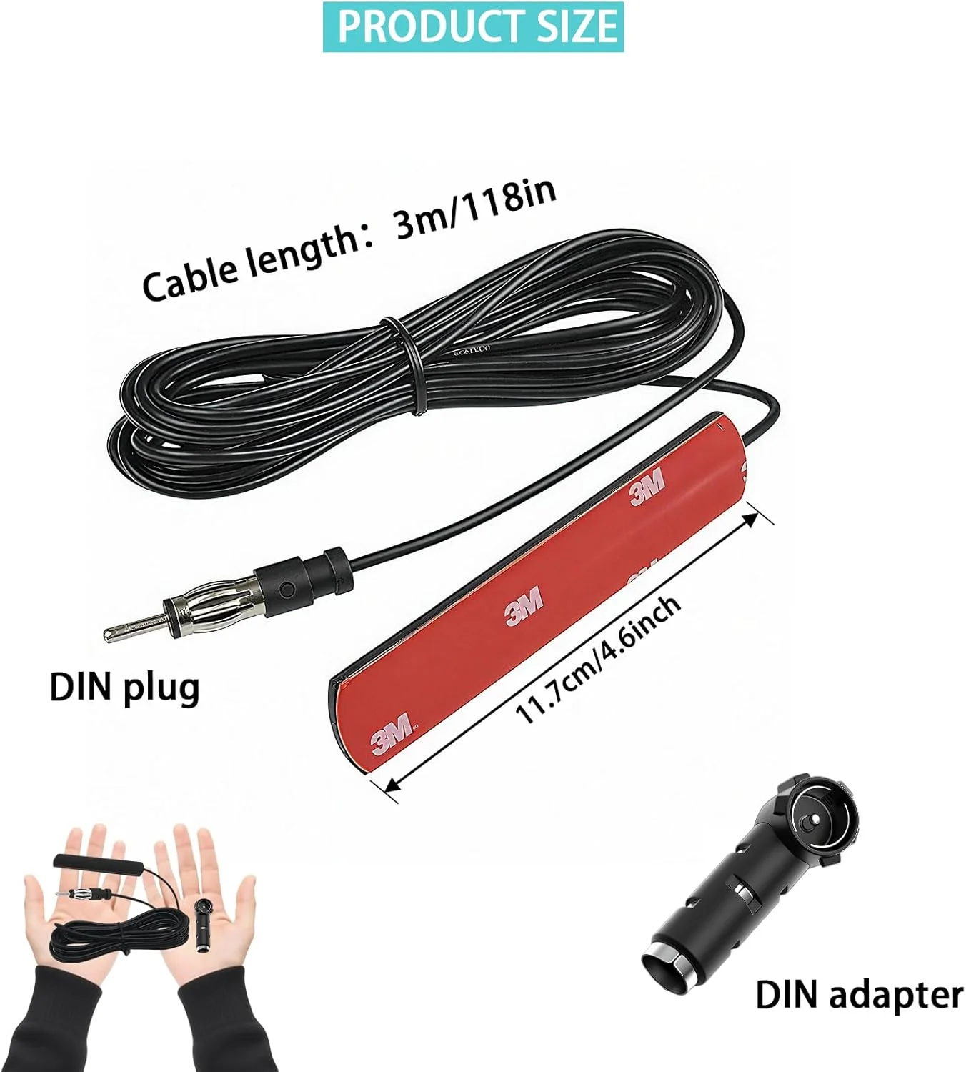 آنتن رادیو خودرو AMTAM، نصب چسبی FM AM، آنتن پچ مخفی با آداپتور DIN و آداپتور ISO برای خودرو، کامیون، SUV، رادیو HD، استریو، تیونر، پخش کننده CD و رسانه