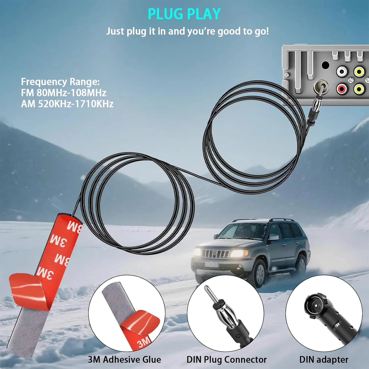 آنتن رادیو خودرو AMTAM، نصب چسبی FM AM، آنتن پچ مخفی با آداپتور DIN و آداپتور ISO برای خودرو، کامیون، SUV، رادیو HD، استریو، تیونر، پخش کننده CD و رسانه