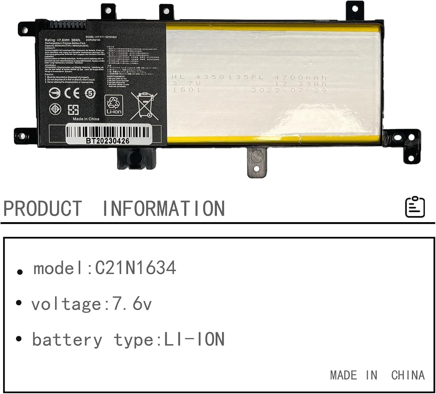 باتری تبلت جایگزین C21N1634 0B200-02550000 0B200-02550200 C21PqCH 2ICP4/59/134 برای ایسوس ویووبوک سری های R542UR V587U R542U R542UR-GQ378T X580B X542U FL5900U FL5900L (7.6V 38Wh)