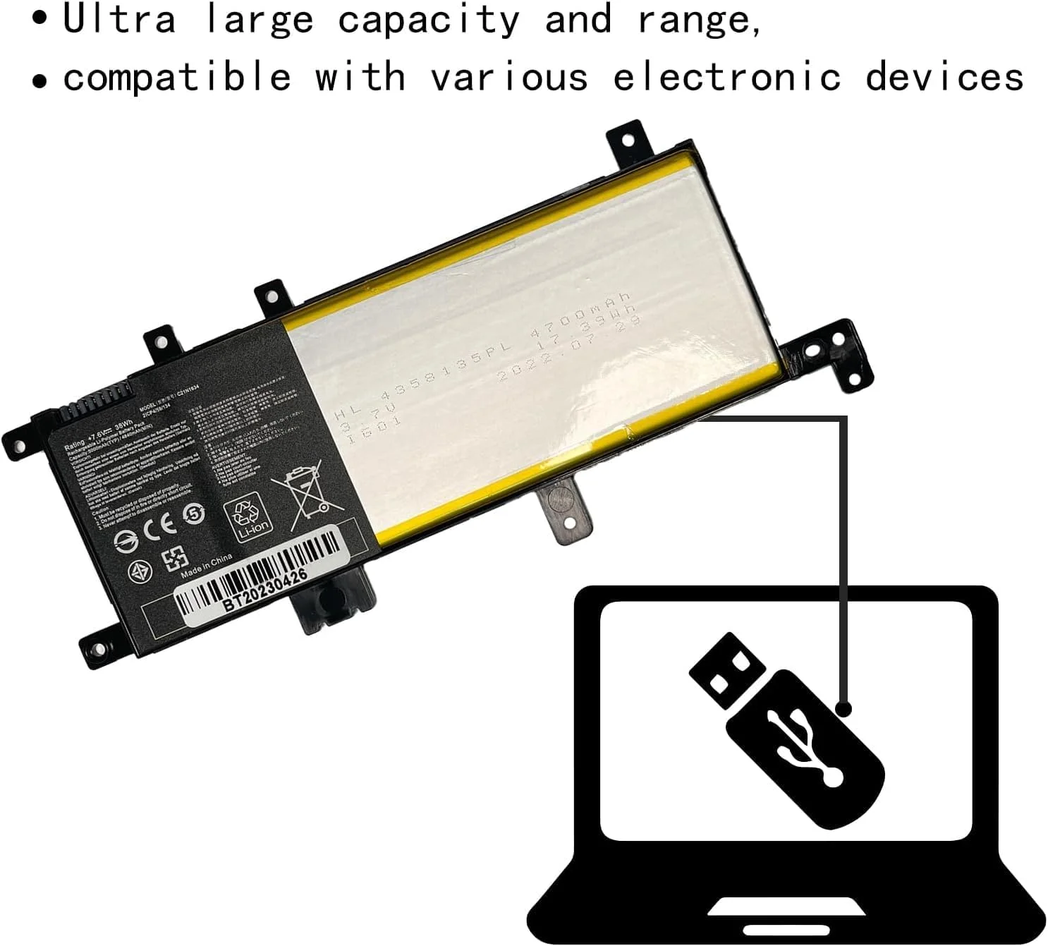 باتری تبلت جایگزین C21N1634 0B200-02550000 0B200-02550200 C21PqCH 2ICP4/59/134 برای ایسوس Vivobook سری R542UR V587U R542U R542UR-GQ378T X580B X542U FL5900U FL5900L (7.6 ولت 38 وات ساعت)