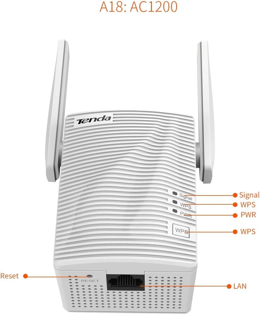 تکرار کننده وای فای دو بانده Tenda A18 AC1200، توسعه دهنده پهنای باند/وای فای، تقویت کننده/هات اسپات وای فای، با 1 پورت اترنت، سازگار با همه ارائه دهندگان پهنای باند، دوشاخه UK