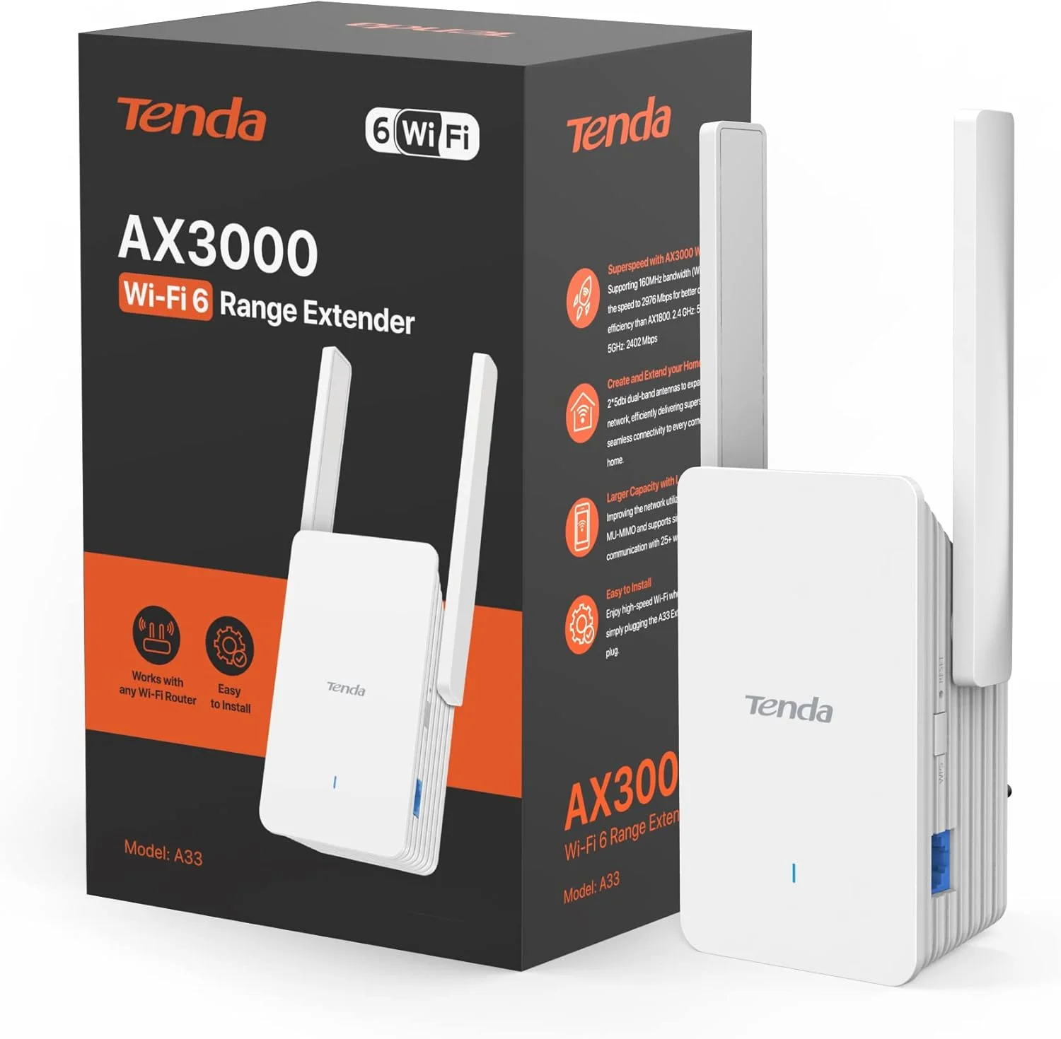تقویت کننده WiFi 6 تندا، تقویت کننده سیگنال WiFi دو بانده AX3000 با پورت اترنت گیگابیتی، تقویت کننده WiFi اینترنت خانگی، حالت AP، راه اندازی آسان WPS (A33)