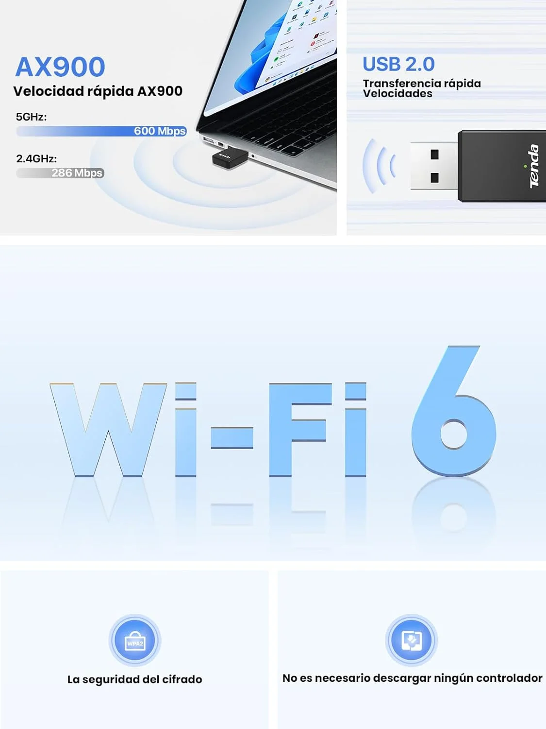 آداپتور USB وای فای 6 دو بانده Tenda U11 AX900، اتصال آسان، USB 2.0، WPA2، حالت Access Point، سایز کوچک، آداپتور وای فای برای کامپیوتر/رومیزی/لپ تاپ، پشتیبانی از ویندوز 7/10/11/لینوکس 3.10+