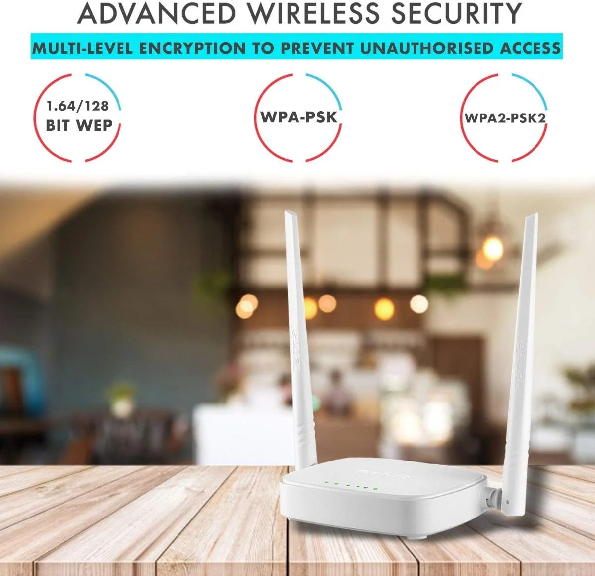 روتر بی‌سیم تندا N300 با پورت‌های WAN/LAN با سرعت 100 مگابیت بر ثانیه، آنتن‌های خارجی 5dBi، شبکه بی‌سیم برای خانه‌های کوچک و متوسط، حالت‌های اکسس پوینت و ریپیتر، WPS، WPA2، نصب آسان، N301