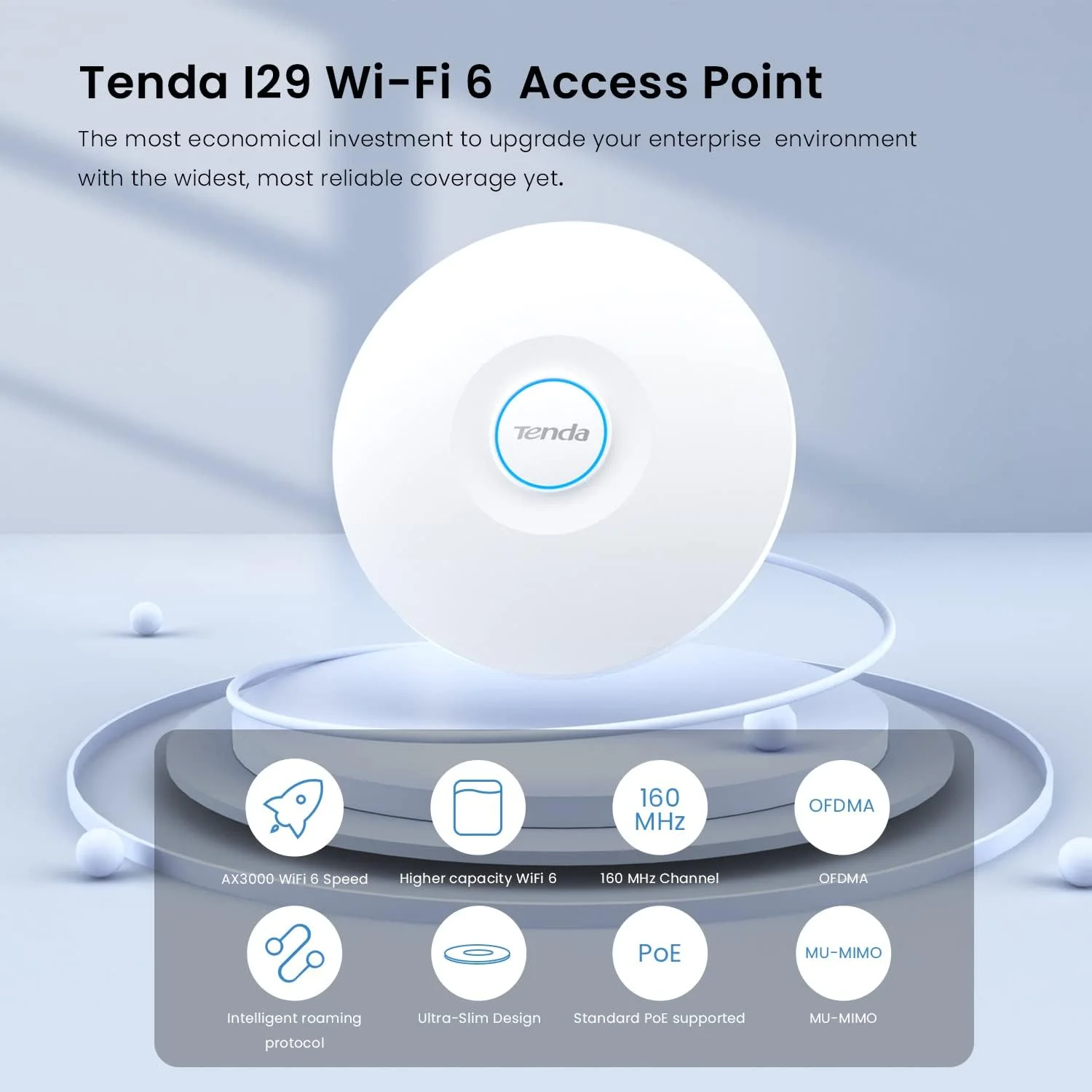 اکسس پوینت وایرلس دو بانده گیگابیتی Tenda I29 WiFi 6 AX3000، نصب سقفی، رومینگ WLAN، MU-MIMO، OFDMA، مدیریت مرکزی، چندین SSID، منبع تغذیه PoE/DC، سفید اکسس پوینت وایرلس دو بانده گیگابیتی Tenda I29 WiFi 6 AX3000، نصب سقفی، رومینگ WLAN، MU-MIMO، OFDMA، مدیریت مرکزی، چندین SSID، منبع تغذیه PoE/DC، سفید