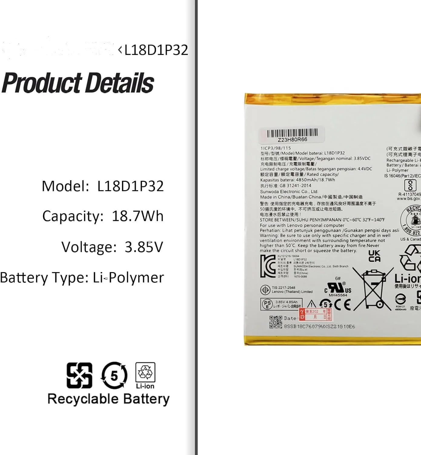 باتری L18D1P32 سازگار با تبلت هوشمند لنوو تب M10 HD TB-X505F TB-X505L TB-X605LC TB-X505X TB-X605F TB-X605FC TB-X605L TB-X605M TB-X605C باتری لیتیوم پلیمری یکپارچه به همراه ابزار