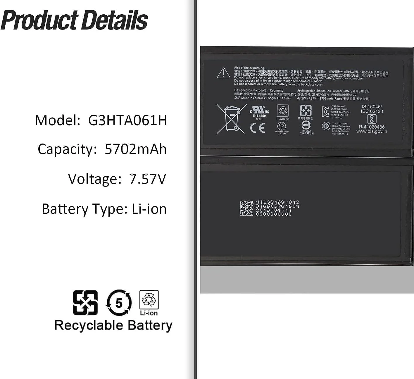 باطری لپ تاپ جدید G3HTA061H DYNM03 برای Microsoft Surface Pro 7 (مدل 1866، 2019) صفحه لمسی 12.3 اینچی 2 در 1، تبلت جداشدنی PVR-00016 VDV-00015 VDV-00001 VDV-00006 43.2Wh 5702mAh به همراه ابزار