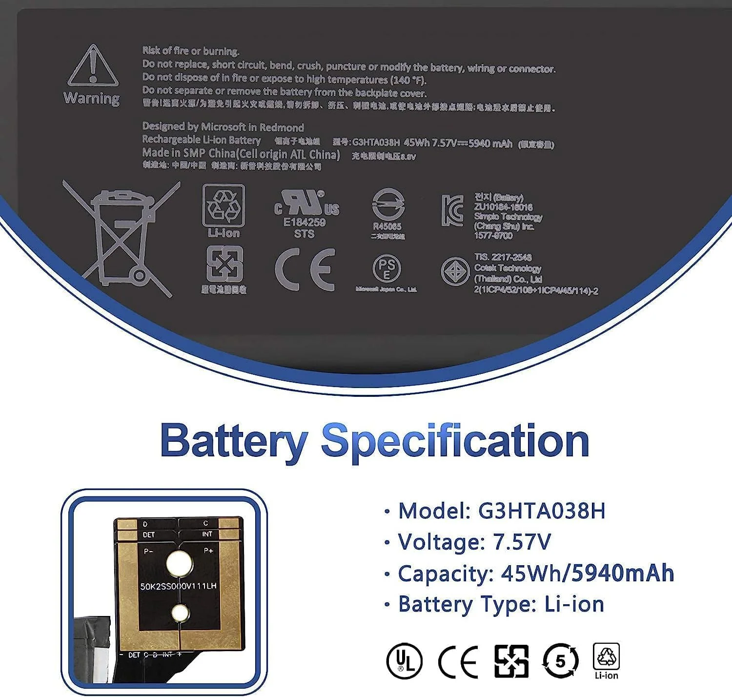 باتری جایگزین لپ تاپ G3HTA038H سازگار با تبلت های سری Micr.osoft Surface Pro 5 1796 Book مدل DYNM02 2(1ICP4/52/108+1ICP4/45/114)-2 با توان 44.1WH و ولتاژ 7.57V و ظرفیت 5825mAh باتری جایگزین لپ تاپ G3HTA038H سازگار با تبلت های سری Micr.osoft Surface Pro 5 1796 Book مدل DYNM02 2(1ICP4/52/108+1ICP4/45/114)-2 با توان 44.1WH و ولتاژ 7.57V و ظرفیت 5825mAh