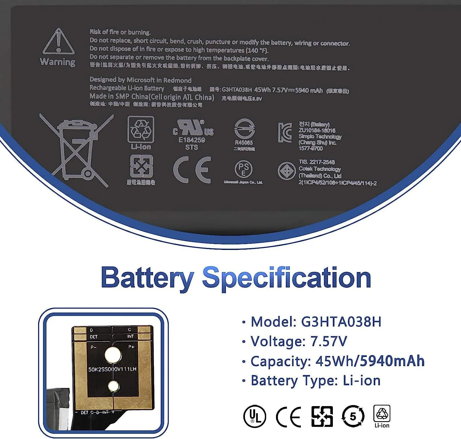 باتری جایگزین لپ تاپ مدل G3HTA038H سازگار با تبلت های سری Microsoft Surface Pro 5 1796 Book مدل DYNM02 2(1ICP4/52/108+1ICP4/45/114)-2 با ظرفیت 44.1WH و ولتاژ 7.57V و توان 5825mAh