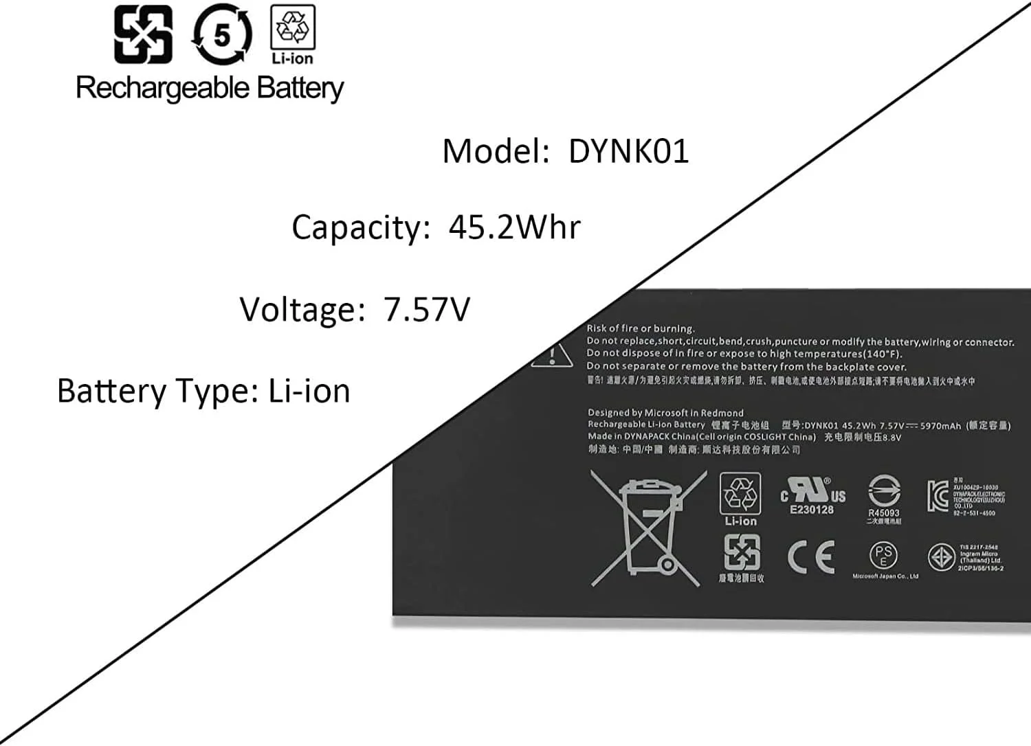 باتری تبلت DYNK01 G3HTA036H سازگار با Microsoft Surface Laptop 1 نسل اول 1769 2017، Surface Book 1782/1769، Surface Laptop 2 نسل دوم 2-LQN-00004 KSR-00001 DAG-00003 45.2Wh/5970mAh 4 سلولی