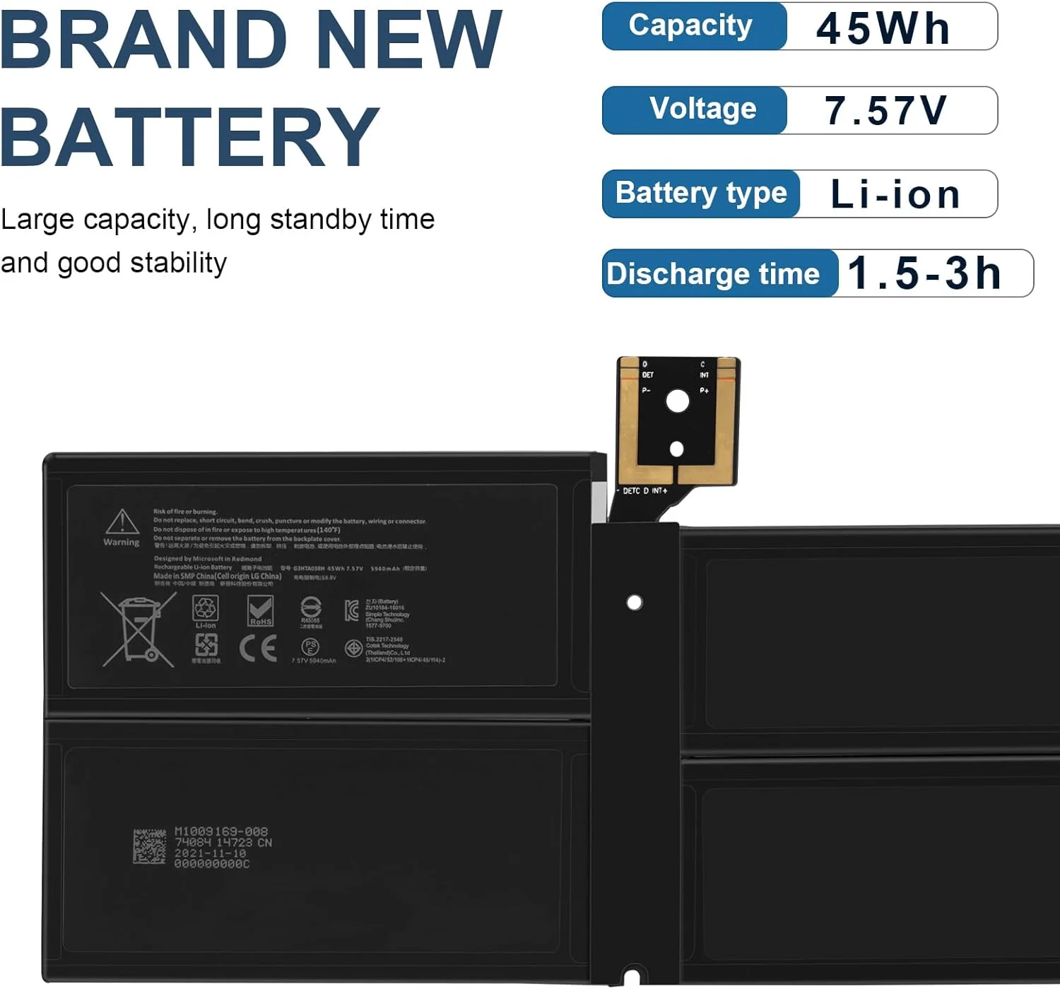 باتری G3HTA038H DYNM02 برای مایکروسافت سرفیس پرو نسل 5 (مدل 1796، 2017)، سرفیس پرو 6 (مدل 1807/1809/1796، سری تبلت 2018) 12.3 اینچ 2 در 1، Core i5 i7 m3