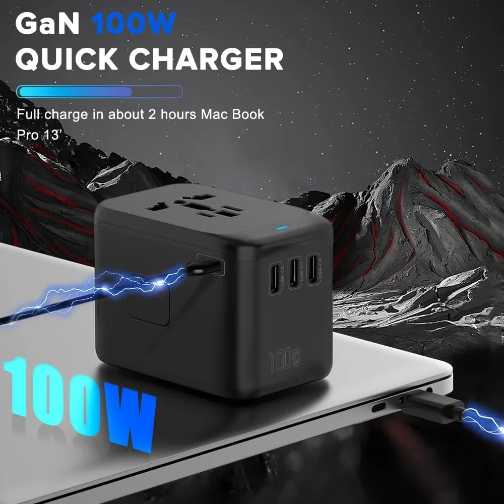 آداپتور دوشاخه جهانی - 5 پورت شارژ USB - نوع C + 4 درگاه USB، مبدل برق جهانی، آداپتور مسافرتی مات، سبک وزن برای کوله پشتی، سفر دریایی، سفر کاری