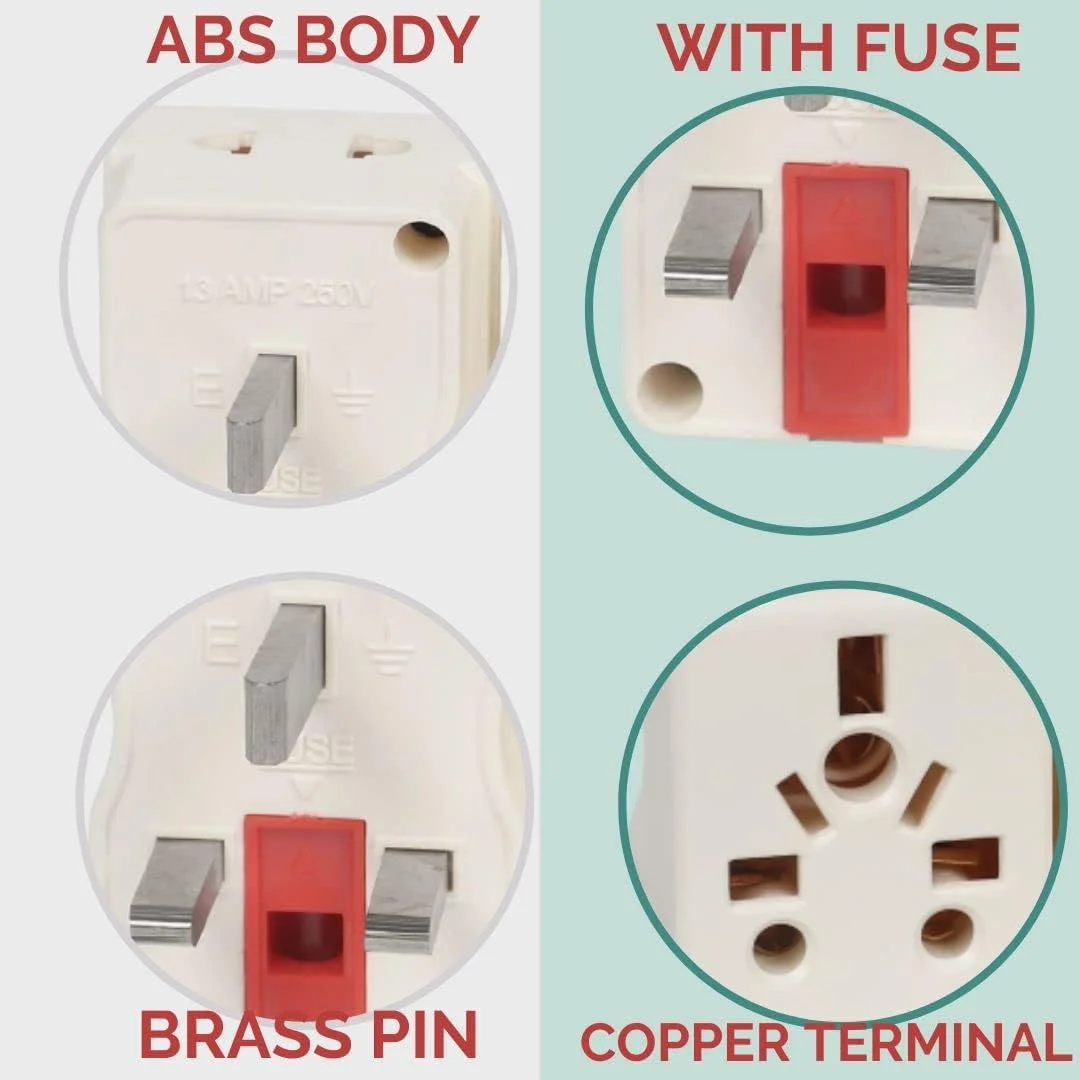 یک عدد تبدیل دوشاخه تخت نوع G به چند شاخه 13 آمپر 250 ولت به همراه فیوز برای سفر به انگلستان، امارات متحده عربی، دبی، هنگ کنگ، سنگاپور، (بسته 1 عددی) سفید