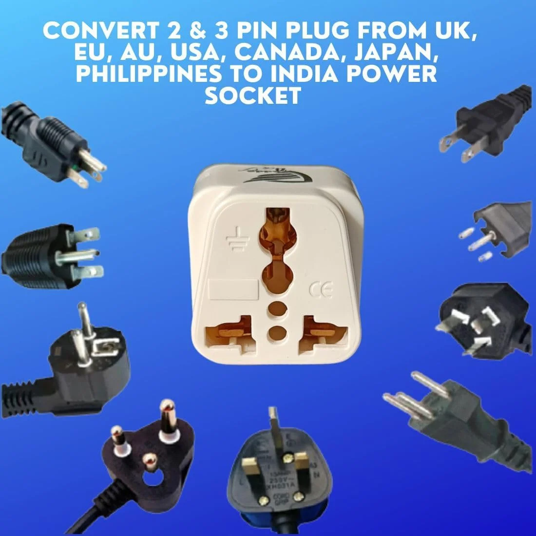 آداپتور مسافرتی 3 پین (نوع D) قابل استفاده برای تبدیل (ایالات متحده، انگلستان، ژاپن، اروپا و غیره) به پریز برق هندی (مجموعه 3 عددی) سفید