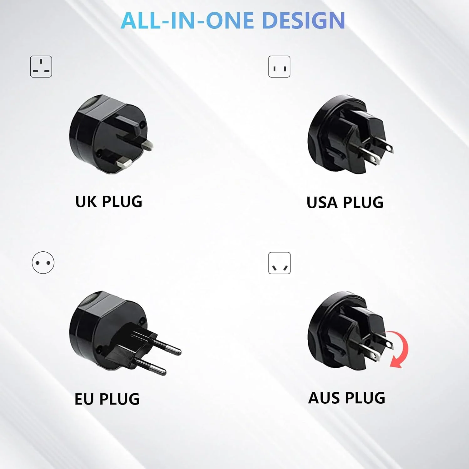 آداپتور مسافرتی جهانی با 4 پورت، مبدل دوشاخه برق بین المللی برای اروپا، انگلستان، استرالیا، ایالات متحده، آداپتور سوکت قابل حمل و جمع و جور نوع A/C/G/I، شارژ سریع ایمن، مشکی