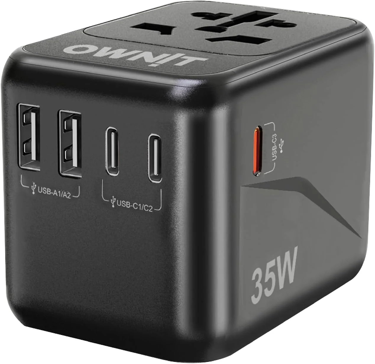 آداپتور مسافرتی 35.5 واتی PD مدل [ارتقا یافته 2025]، آداپتور بین المللی 35 واتی/QC 3.0 PD Type-C، آداپتور مسافرتی جهانی با 3 پورت شارژ سریع Type C، 2 پورت USB برای ایالات متحده، انگلستان و استرالیا به همراه کیف زیپ دار