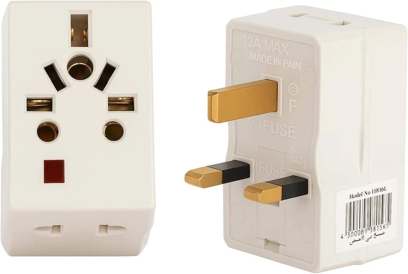 آداپتور مسافرتی جهانی بریتانیا، 13 آمپر 250 ولت، دوشاخه 3 پین با فیوز، طراحی چند سوکتی، سفید، (بسته 2 عددی)