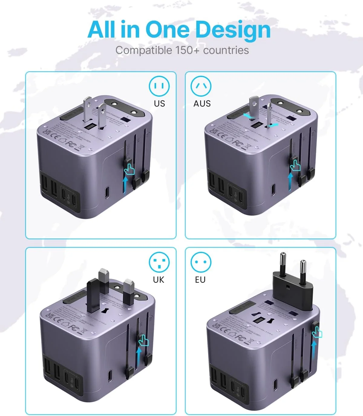 آداپتور مسافرتی جهانی VINTAR، آداپتور برق بین المللی با 3 پورت USB C و 2 پورت USB 6A، آداپتور پلاگین ضروری مسافرتی همه کاره، مبدل پریز برق جهانی برای اروپا انگلستان ایالات متحده آمریکا استرالیا (نوع C/G/A/I)