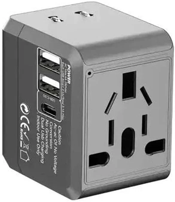 آداپتور برق مسافرتی جهانی، 3 پورت USB با Type-C، سازگاری سوکت بین المللی، خاکستری آداپتور برق مسافرتی جهانی، 3 پورت USB با Type-C، سازگاری سوکت بین المللی، خاکستری