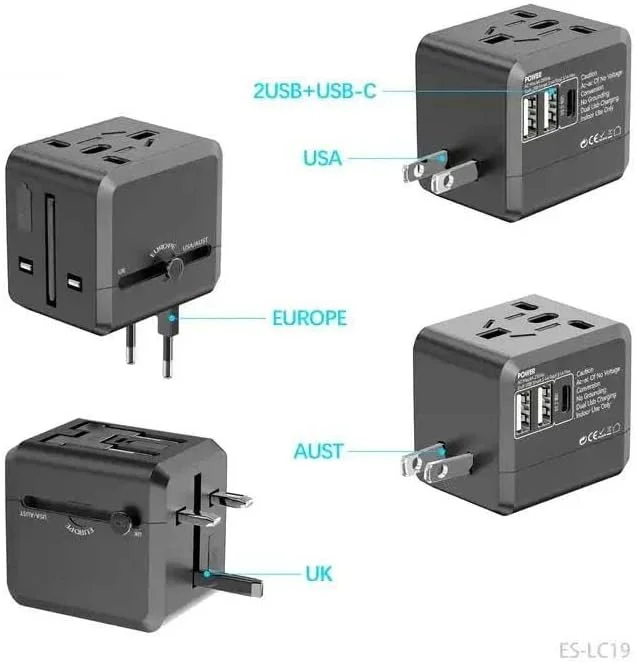 آداپتور برق مسافرتی جهانی، 3 پورت USB با Type-C، سازگاری سوکت بین المللی، خاکستری آداپتور برق مسافرتی جهانی، 3 پورت USB با Type-C، سازگاری سوکت بین المللی، خاکستری