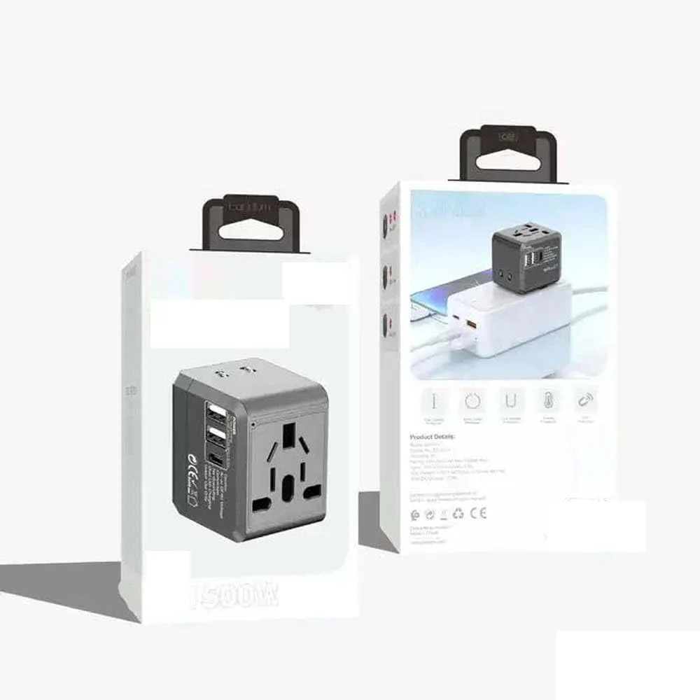 آداپتور برق مسافرتی جهانی، 3 پورت USB با Type-C، سازگاری سوکت بین المللی، خاکستری آداپتور برق مسافرتی جهانی، 3 پورت USB با Type-C، سازگاری سوکت بین المللی، خاکستری