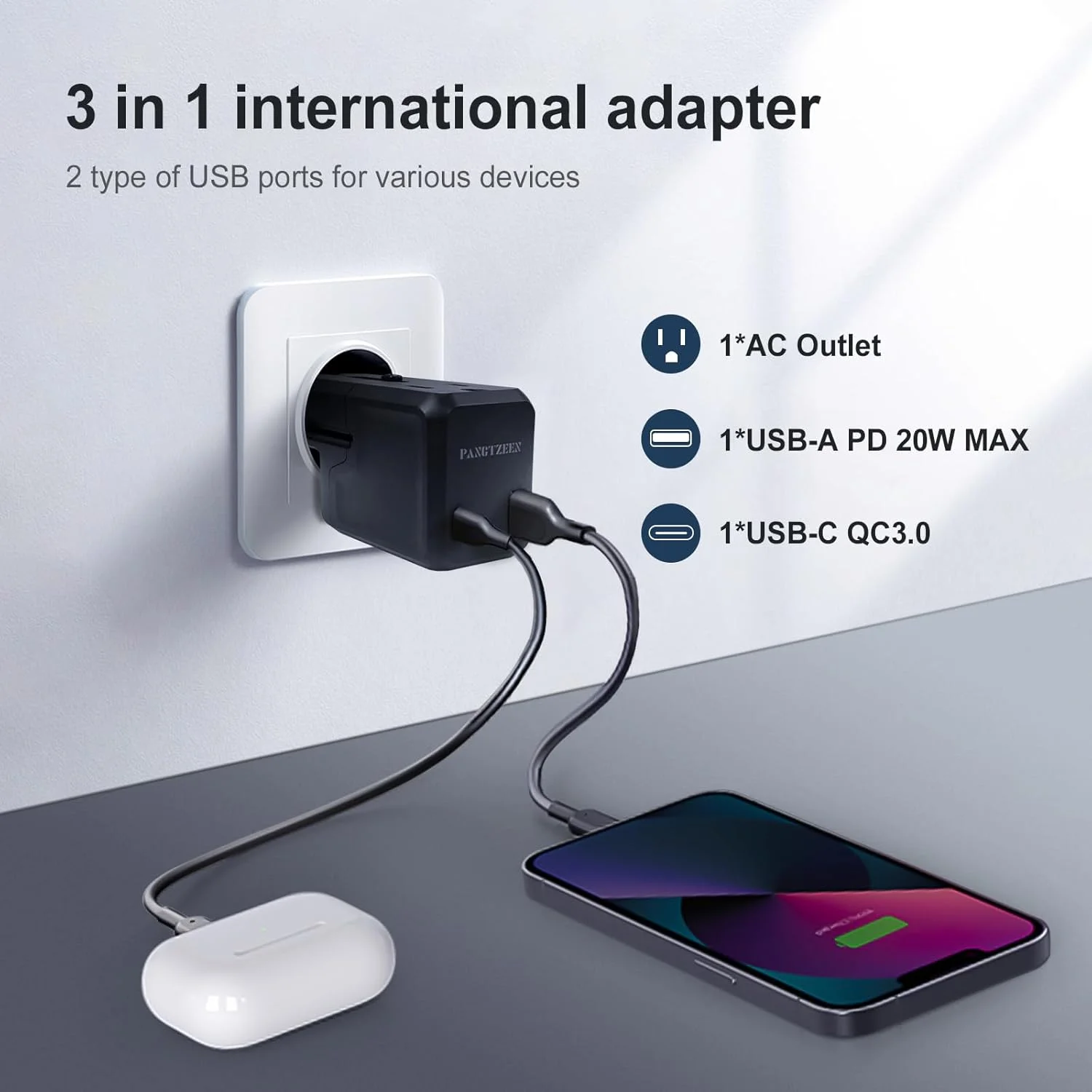 آداپتور مسافرتی جهانی، دوشاخه بین المللی جیبی با پورت های شارژ PD 20W USBC و USBA، همه در یک با Type A C G I برای سفر هوایی در سراسر جهان از ایالات متحده به اتحادیه اروپا، انگلستان، استرالیا، ایالات متحده آمریکا (مشکی، بدون مبدل ولتاژ)