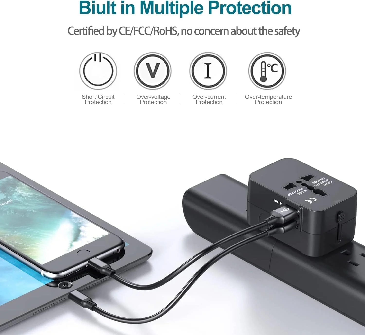 آداپتور مسافرتی بین المللی جهانی همه کاره Rts با 2 پورت شارژ USB برای لپ تاپ، تلفن، تبلت و موارد دیگر (مشکی) (حداکثر 660 وات)