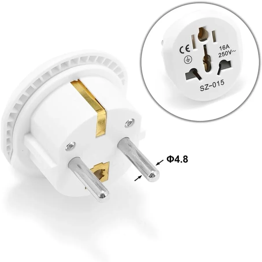 تبدیل دوشاخه برق به استاندارد اروپا 16 آمپر، دارای 2 پین گرد، مناسب برای کشورهای اروپایی از جمله آلمان، فرانسه، ایتالیا و اسپانیا