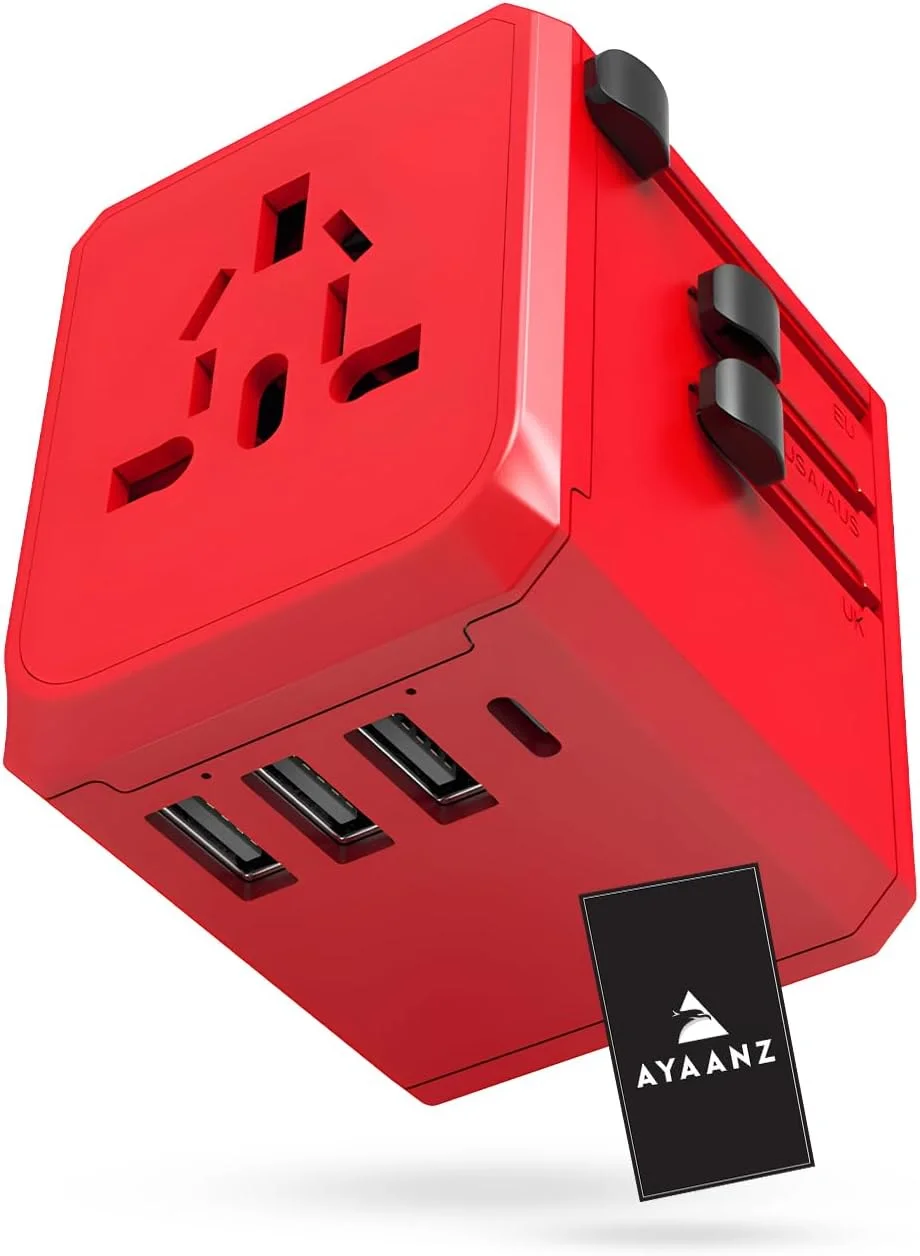 آداپتور مسافرتی جهانی AYAANZ، آداپتور مسافرتی بین المللی با 1 پریز برق AC، 3 پورت USB و 1 پورت Type-C PD، ایستگاه شارژ مکعبی، آداپتور برق، سوکت هوشمند برای خانه، مسافرت و دفتر (قرمز)